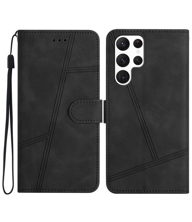 SoFetch Zwart Lijnen Bookcase Hoesje met Polsbandje voor de Samsung Galaxy S24 Ultra