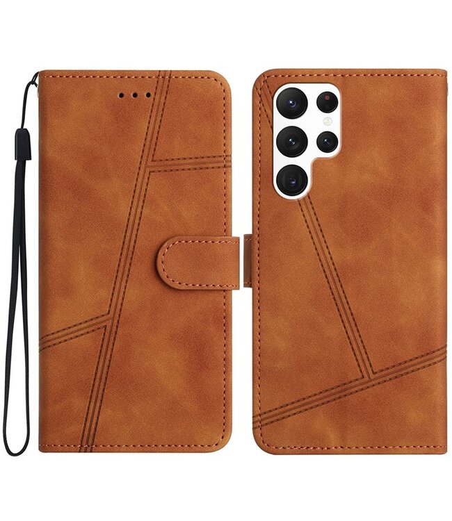 SoFetch Bruin Lijnen Bookcase Hoesje met Polsbandje voor de Samsung Galaxy S24 Ultra