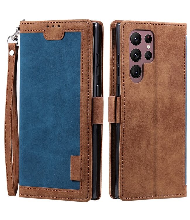 SoFetch Blauw Retrostijl Bookcase Hoesje met Polsbandje voor de Samsung Galaxy S24 Ultra
