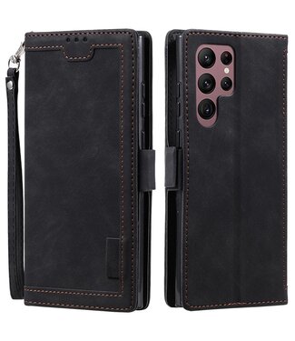 SoFetch Zwart Retrostijl Bookcase Hoesje met Polsbandje Samsung Galaxy S24 Ultra
