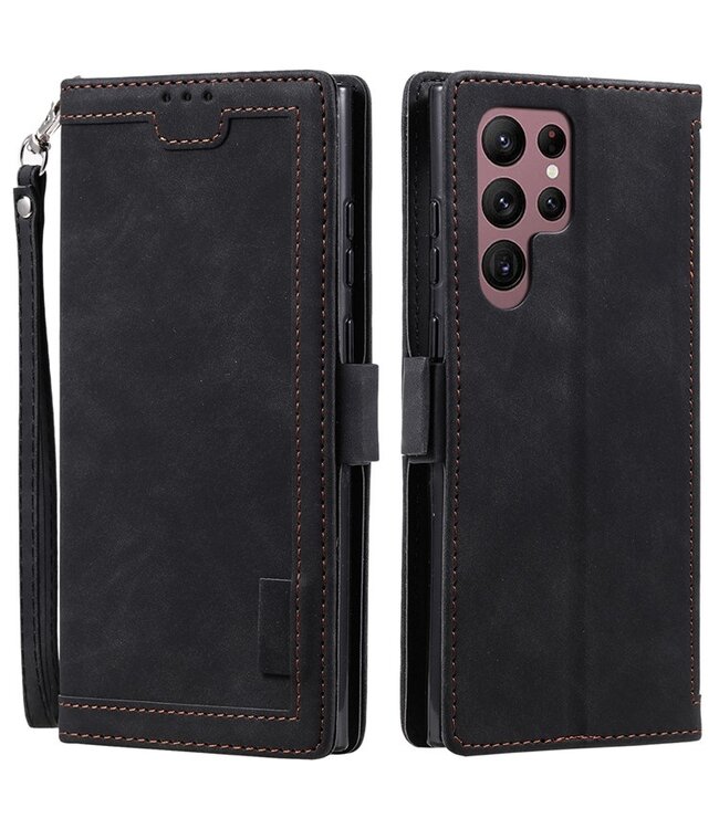SoFetch Zwart Retrostijl Bookcase Hoesje met Polsbandje voor de Samsung Galaxy S24 Ultra