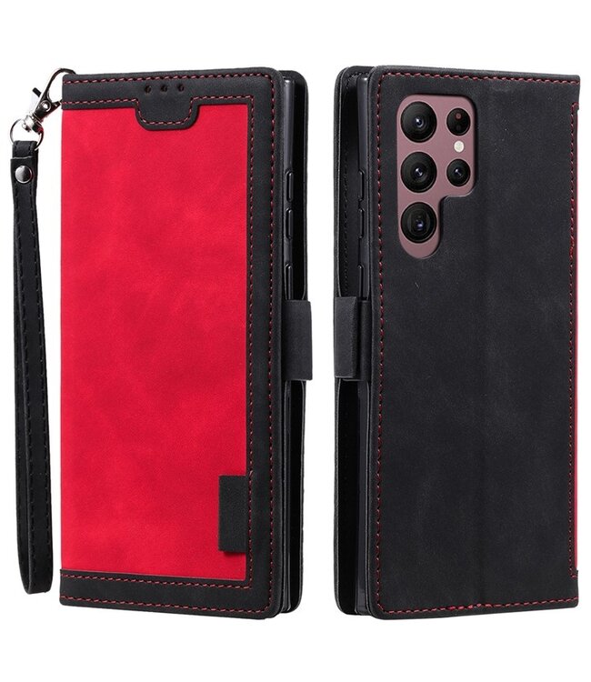 SoFetch Rood Retrostijl Bookcase Hoesje met Polsbandje voor de Samsung Galaxy S24 Ultra