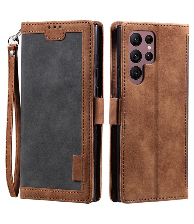 SoFetch Grijs Retrostijl Bookcase Hoesje met Polsbandje voor de Samsung Galaxy S24 Ultra