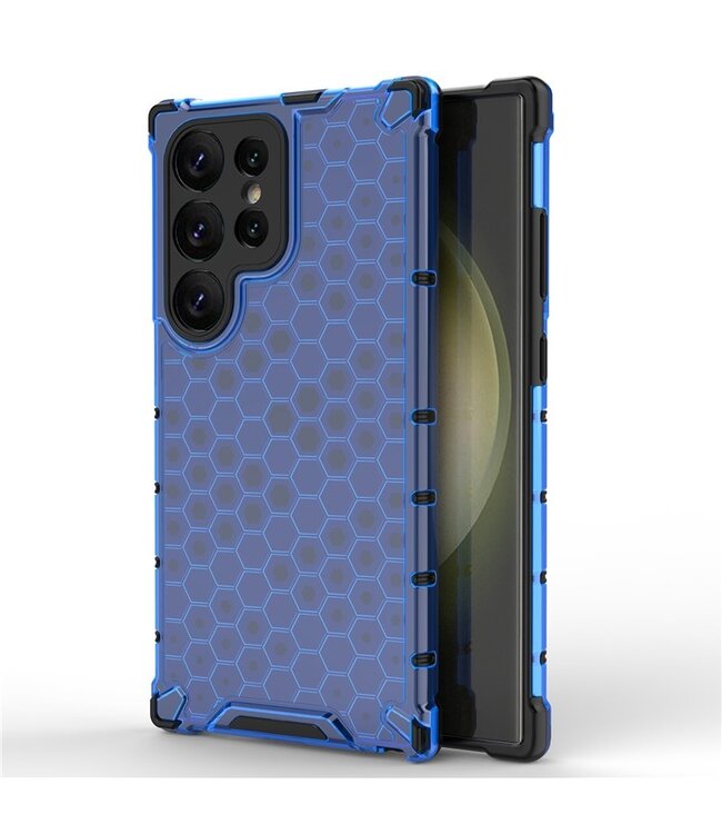 SoFetch Blauw Valbestendig Honingraat Backcover Hoesje voor de Samsung Galaxy S24 Ultra