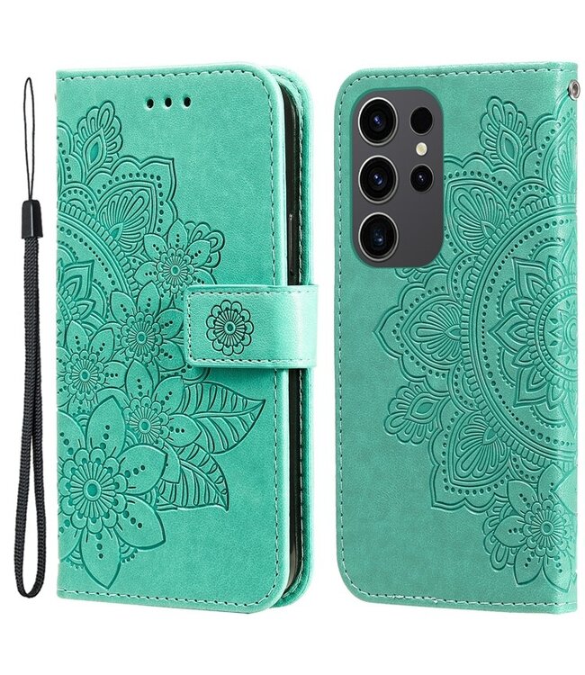 SoFetch Groen Mandala Bookcase Hoesje met Polsbandje voor de Samsung Galaxy S24 Ultra