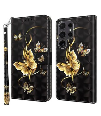 SoFetch Gold Vlinders Bookcase Hoesje met Polsbandje Samsung Galaxy S24 Ultra