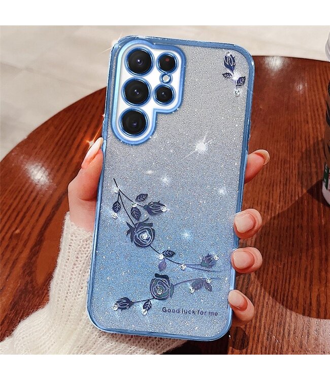 Kadem Blauw Bloemen Glitters TPU Hoesje voor de Samsung Galaxy S24 Ultra