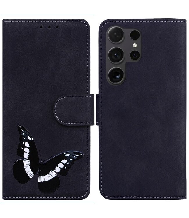 SoFetch Zwart Vlinder Bookcase Hoesje voor de Samsung Galaxy S24 Ultra