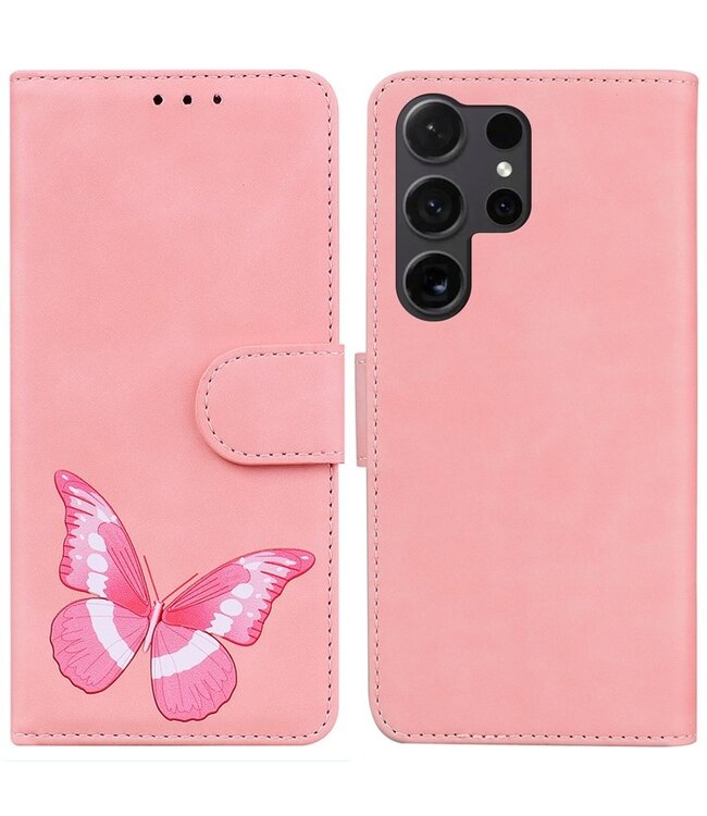 SoFetch Roze Vlinder Bookcase Hoesje voor de Samsung Galaxy S24 Ultra