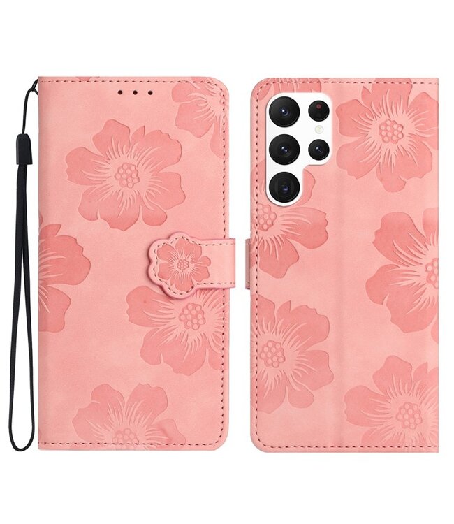 SoFetch Roze Bloemen Bookcase Hoesje voor de Samsung Galaxy S24 Ultra