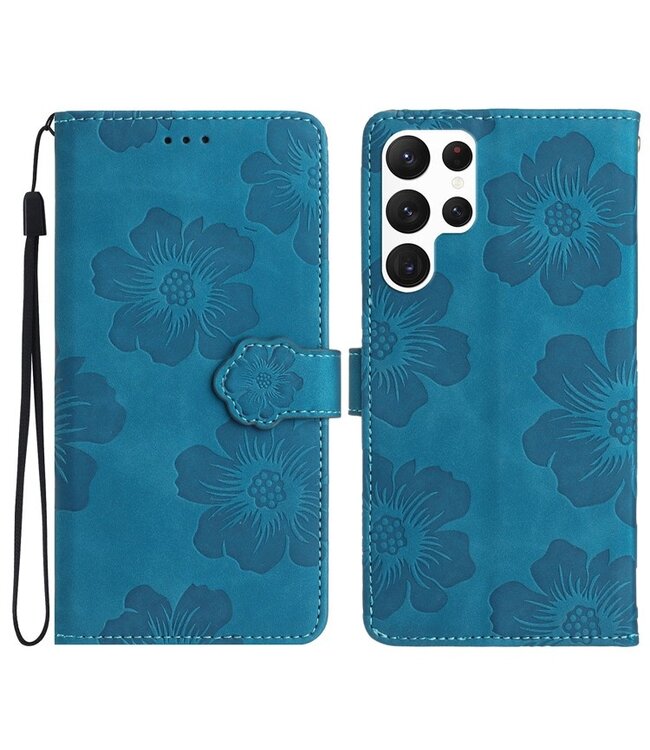 SoFetch Blauw Bloemen Bookcase Hoesje voor de Samsung Galaxy S24 Ultra