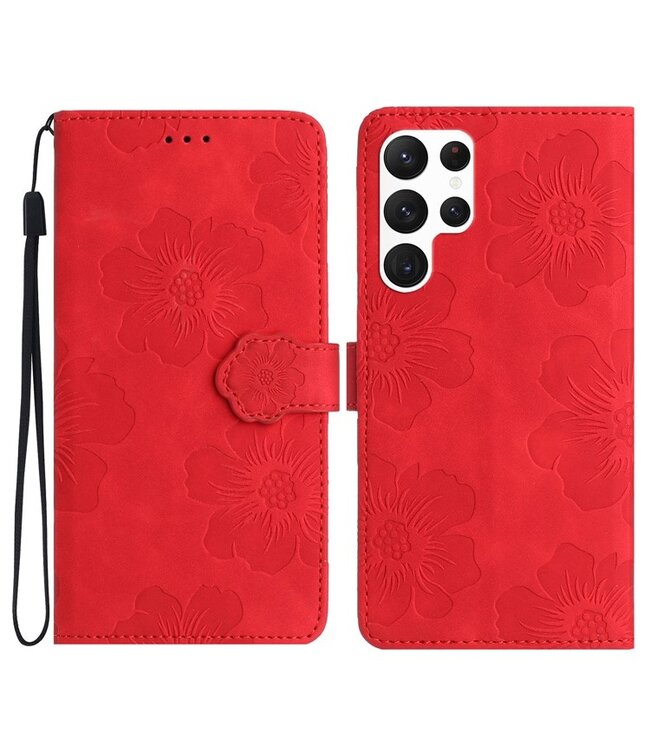 SoFetch Rood Bloemen Bookcase Hoesje voor de Samsung Galaxy S24 Ultra