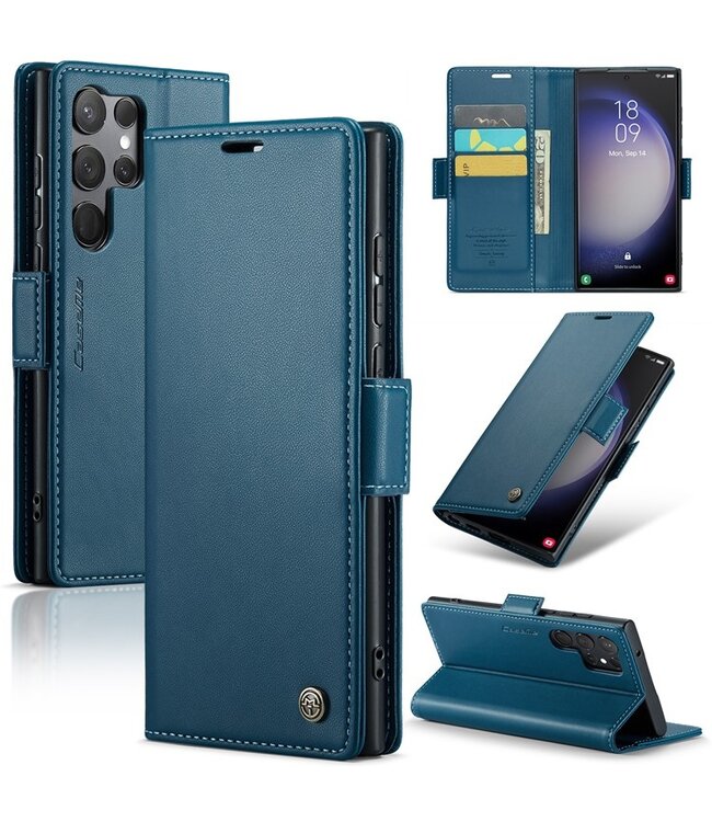 Blauw Litchee Glossy Bookcase Hoesje voor de Samsung Galaxy S24 Ultra