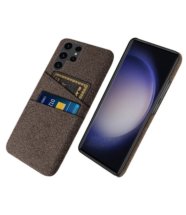 SoFetch Bruin Pasjeshouder Stoffen Hybride Hoesje voor de Samsung Galaxy S24 Ultra
