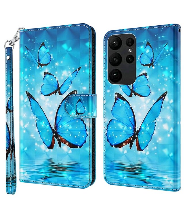 SoFetch  Blauwe Vlinders Bookcase Hoesje voor de Samsung Galaxy S24 Ultra