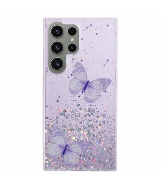 SoFetch Paars Vlinders Glitters Hybride Hoesje Samsung Galaxy S24 Ultra