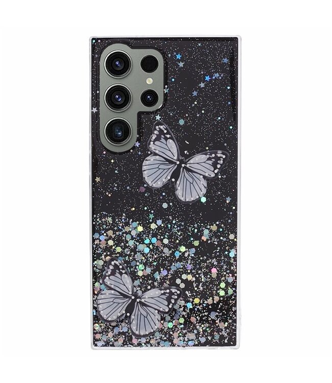 SoFetch Zwart Vlinders Glitters Hybride Hoesje voor de Samsung Galaxy S24 Ultra
