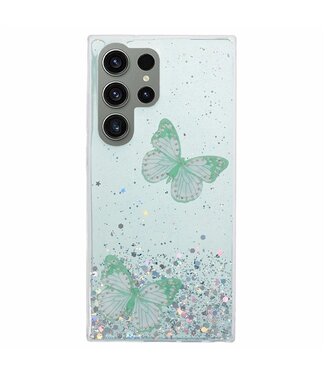 SoFetch Groen Vlinders Glitters Hybride Hoesje Samsung Galaxy S24 Ultra