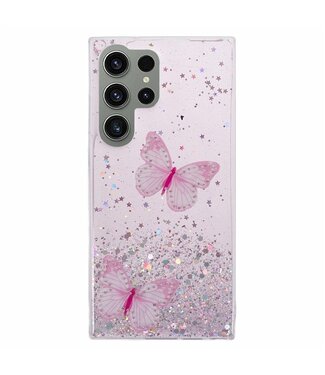 SoFetch Roze Vlinders Glitters Hybride Hoesje Samsung Galaxy S24 Ultra