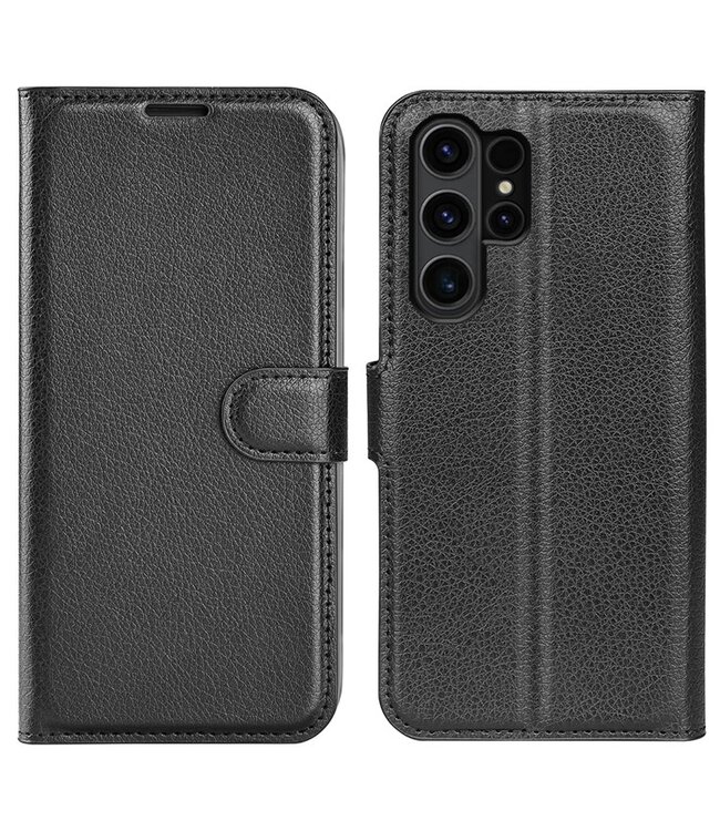 SoFetch Zwart Litchee Bookcase Hoesje voor de Samsung Galaxy S24 Ultra