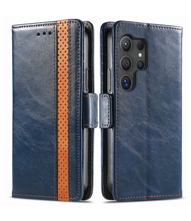 SoFetch Donkerblauw RFID Splitleder Bookcase Hoesje voor de Samsung Galaxy S24 Ultra