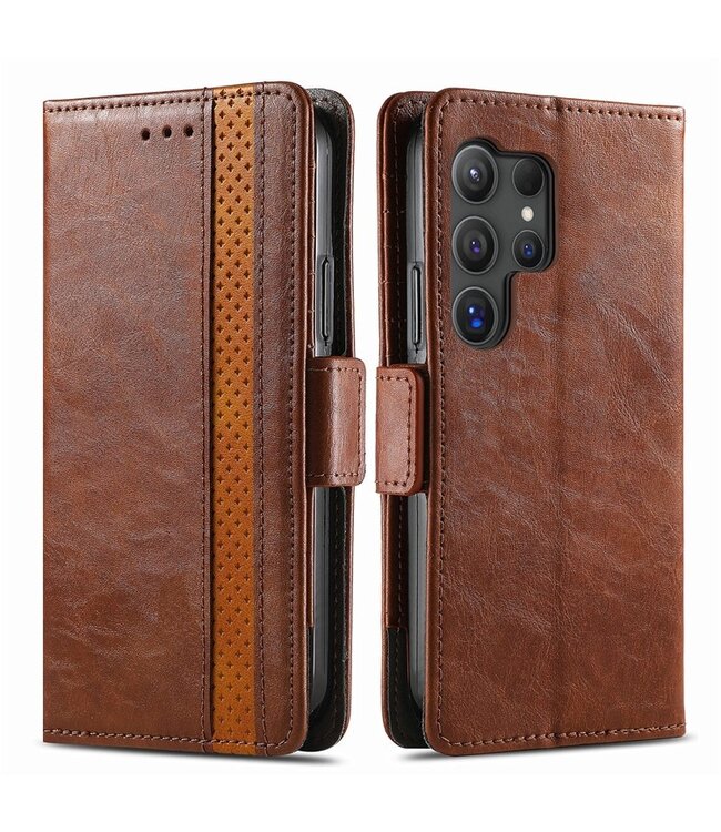 SoFetch Donkerbruin RFID Splitleder Bookcase Hoesje voor de Samsung Galaxy S24 Ultra
