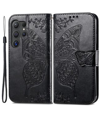SoFetch Zwart Vlinder Bookcase Hoesje Samsung Galaxy S24 Ultra