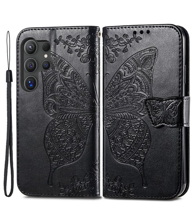 SoFetch Zwart Vlinder Bookcase Hoesje voor de Samsung Galaxy S24 Ultra