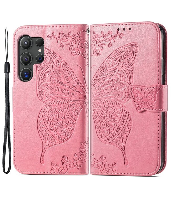 SoFetch Roze Vlinder Bookcase Hoesje voor de Samsung Galaxy S24 Ultra
