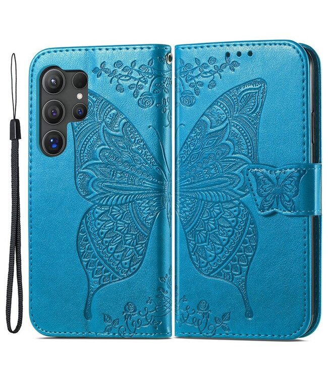 SoFetch Blauw Vlinder Bookcase Hoesje voor de Samsung Galaxy S24 Ultra