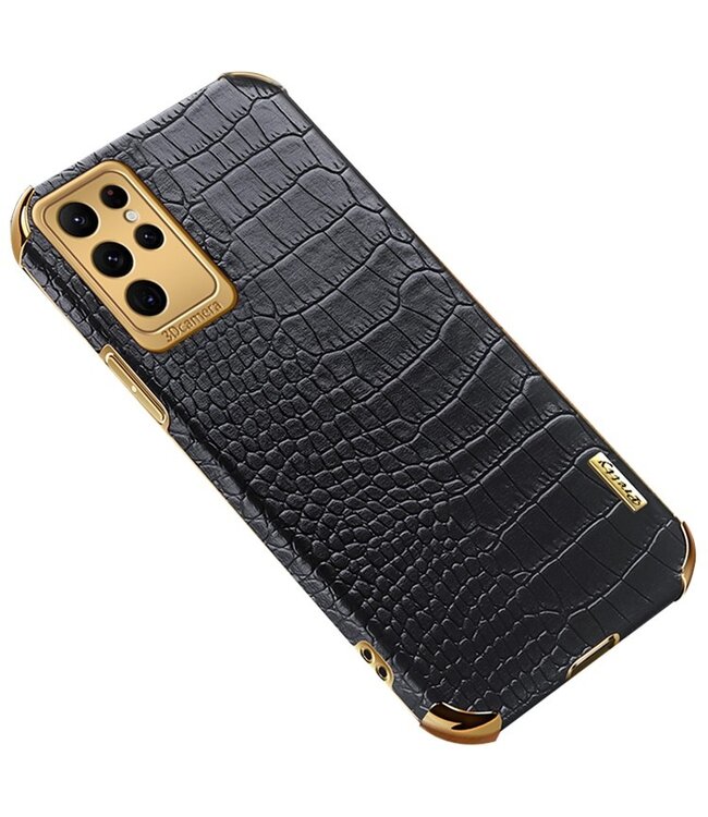 SoFetch Zwart Stijlvol Krokodillen Hybride Hoesje voor de Samsung Galaxy S24 Ultra