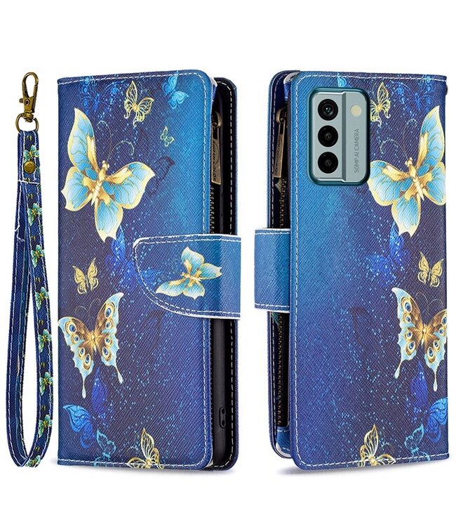 SoFetch Blauwe Vlinders Bookcase Hoesje met Polsbandje voor de Nokia G22