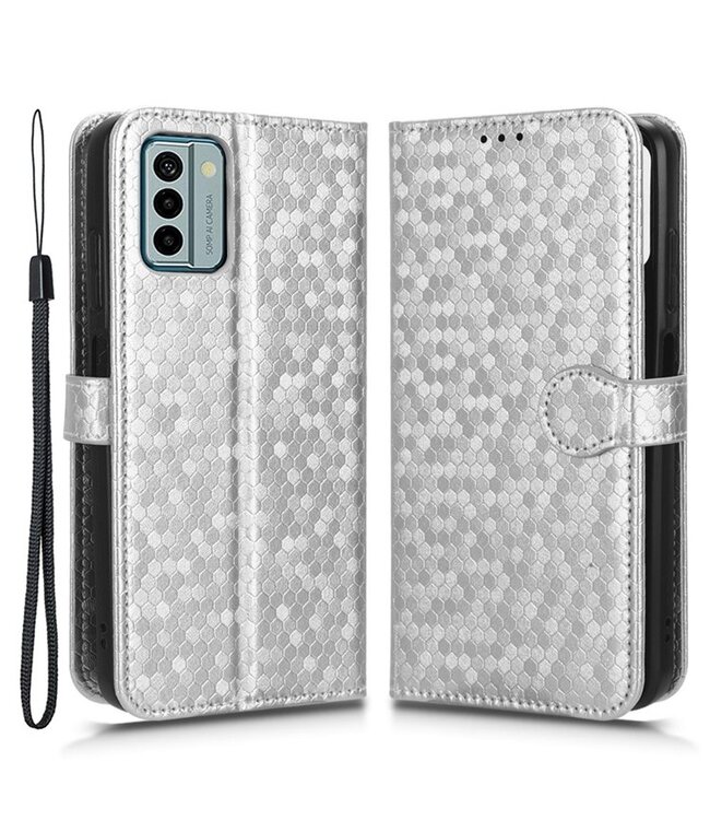 SoFetch Zilver Stippen Bookcase Hoesje met Polsbandje voor de Nokia G22