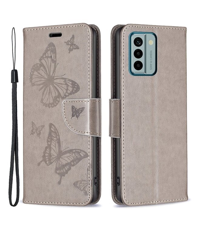 SoFetch Grijs Vlinders Bookcase Hoesje met Polsbandje voor de Nokia G22