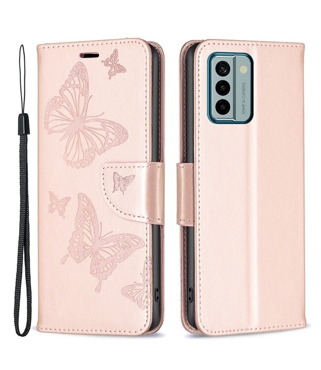 SoFetch Rozegoud Vlinders Bookcase Hoesje met Polsbandje voor de Nokia G22