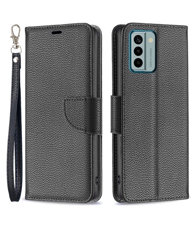 SoFetch Zwart Litchee Bookcase Hoesje met Polsbandje voor de Nokia G22