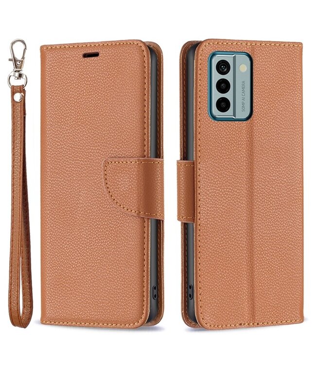SoFetch Bruin Litchee Bookcase Hoesje met Polsbandje voor de Nokia G22