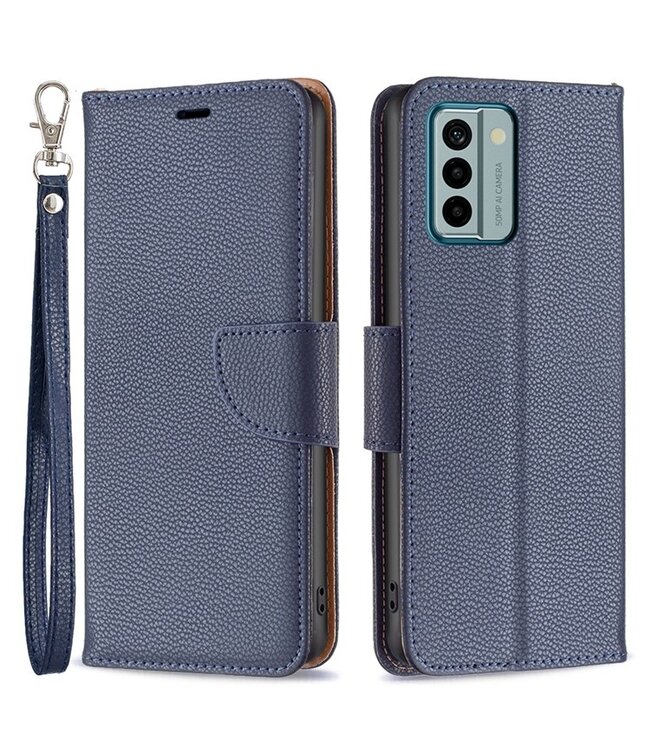 SoFetch Donkerblauw Litchee Bookcase Hoesje met Polsbandje voor de Nokia G22