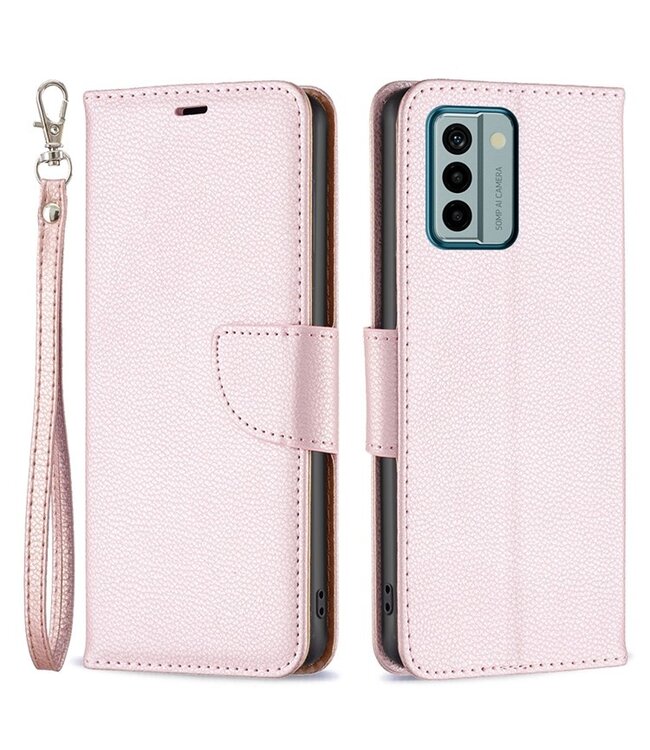 SoFetch Rozegoud Litchee Bookcase Hoesje met Polsbandje voor de Nokia G22