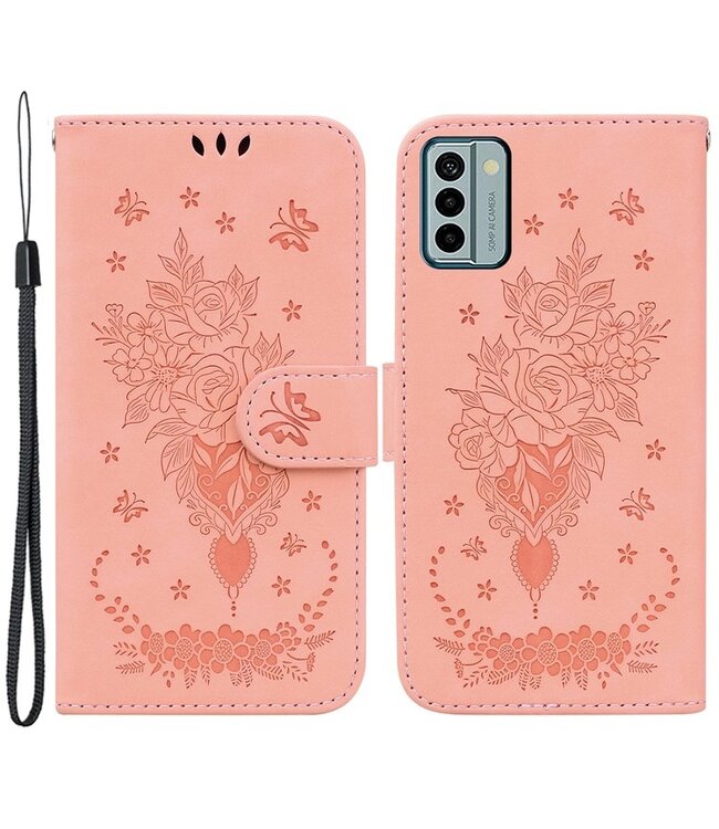 SoFetch Roze Bloemen Vlinder Bookcase Hoesje met Polsbandje voor de Nokia G22