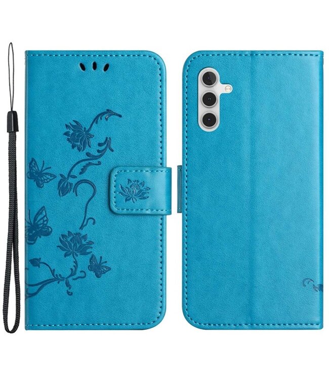 SoFetch Blauw Bloem Vlinder Bookcase Hoesje voor de Samsung Galaxy A14