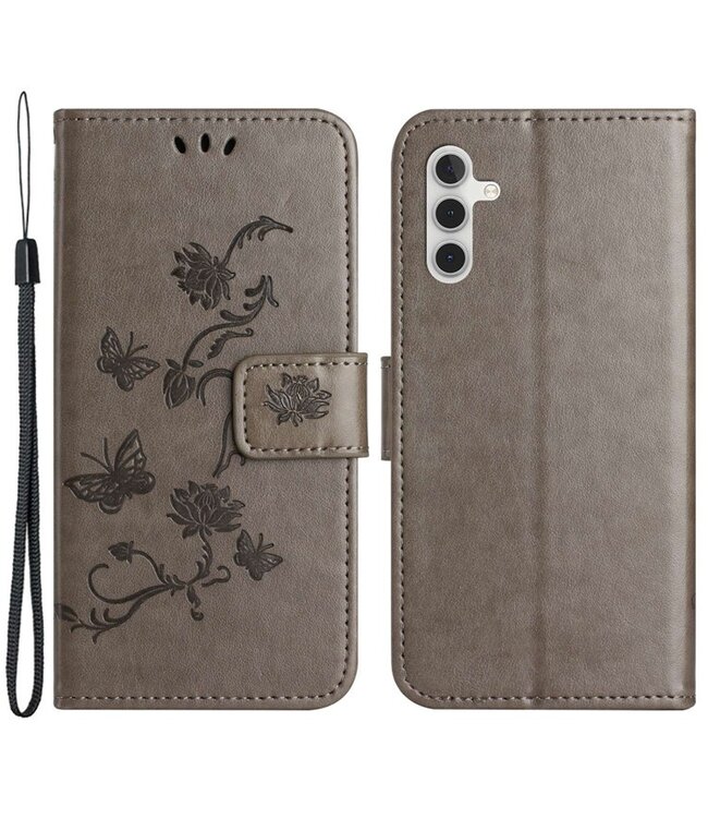 SoFetch Grijs Bloem Vlinder Bookcase Hoesje voor de Samsung Galaxy A14