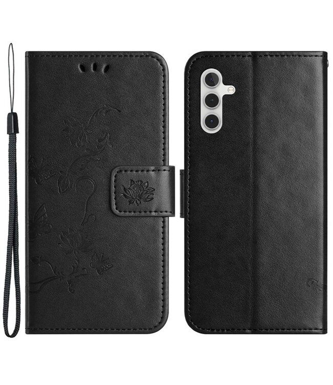 SoFetch Zwart Bloem Vlinder Bookcase Hoesje voor de Samsung Galaxy A14
