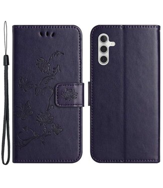 SoFetch Donkerpaars Bloem Vlinder Bookcase Hoesje Samsung Galaxy A14