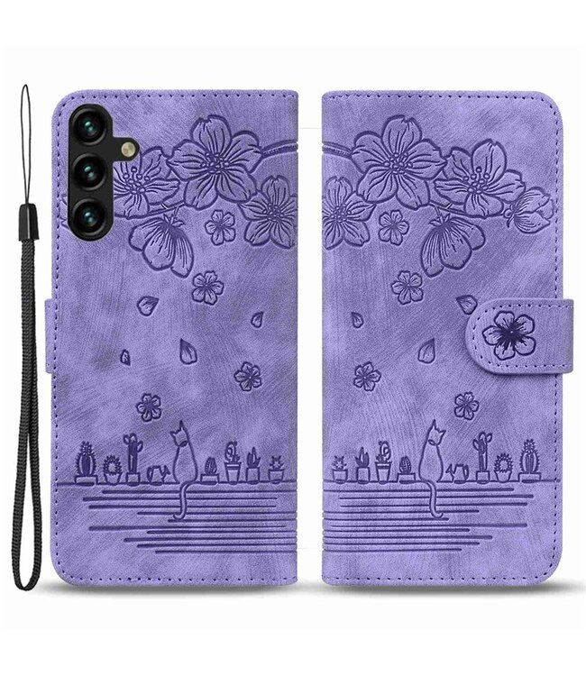 SoFetch Paars Kersenbloesem kat Bookcase Hoesje voor de Samsung Galaxy A14