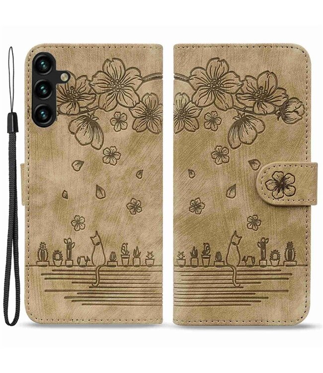 SoFetch Bruin Kersenbloesem kat Bookcase Hoesje voor de Samsung Galaxy A14