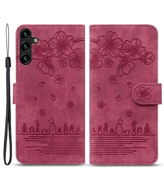 SoFetch Bordeaux Rood Kersenbloesem kat Bookcase Hoesje Samsung Galaxy A14