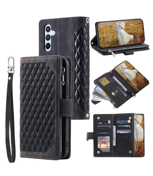 SoFetch Zwart Portemonnee Ruiten Bookcase Hoesje voor de Samsung Galaxy A14