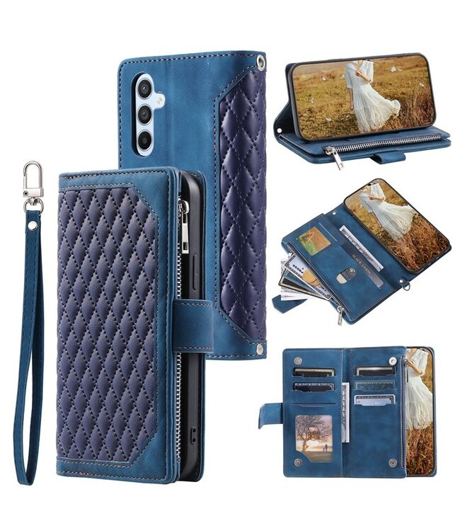 SoFetch Blauw Portemonnee Ruiten Bookcase Hoesje voor de Samsung Galaxy A14