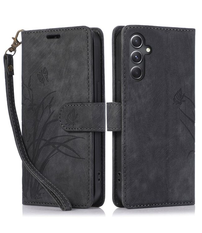 SoFetch Zwart Bloem Vlinder Bookcase Hoesje voor de Samsung Galaxy A14